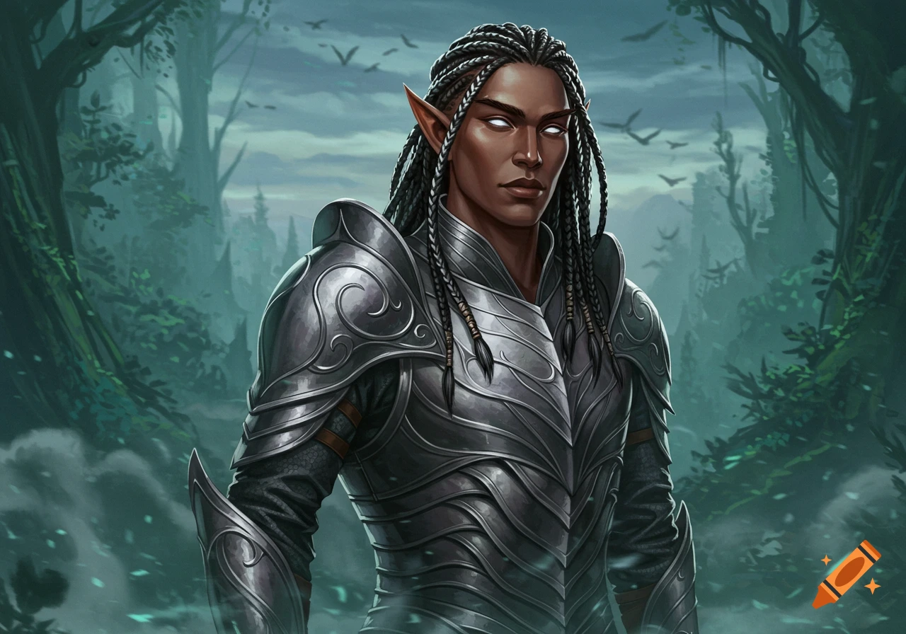 A dark-skinned male elf with braided hair and glowing white eyes wears ornate silver armor in a mystical forest.