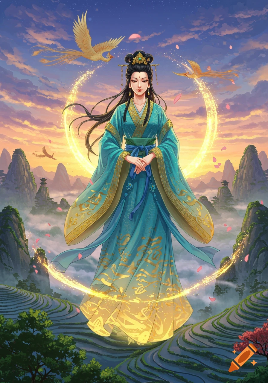 An anime-style Chinese goddess in a flowing teal dress, standing against a backdrop of mountains and a sunset sky with golden phoenixes.