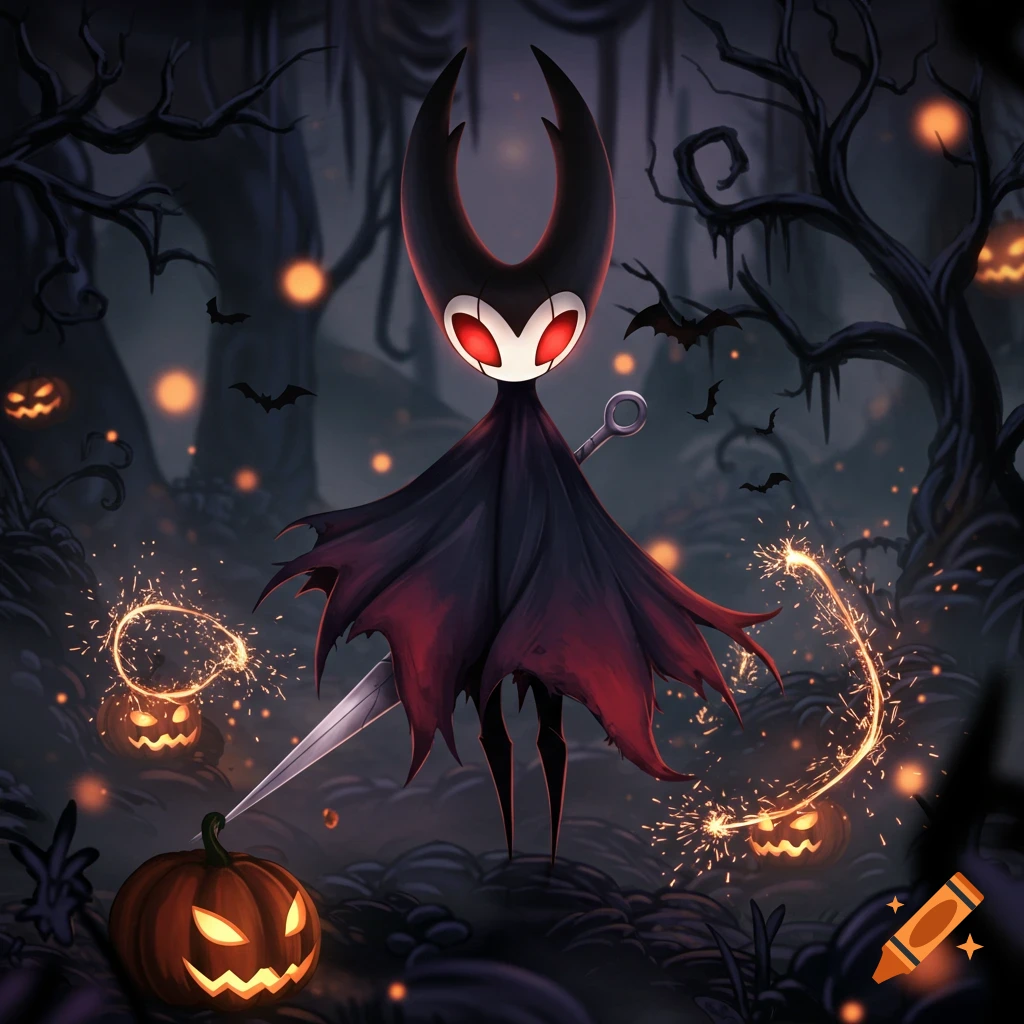 Grimm from Hollow Knight in a spooky Halloween forest with jack-o'-lanterns, bats, and sparklers, digital art.