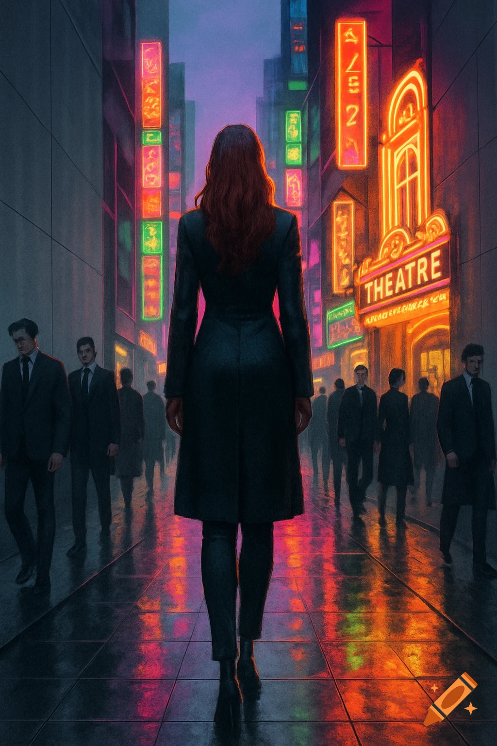 A woman with red hair walks away down a wet, neon-lit city street at night, reflecting vibrant colors, with other figures and a 'THEATRE' sign.