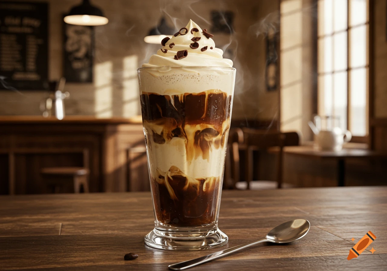 Photorealistic Eiskaffee with whipped cream and chocolate shavings on a wooden table in a cafe, with a spoon.