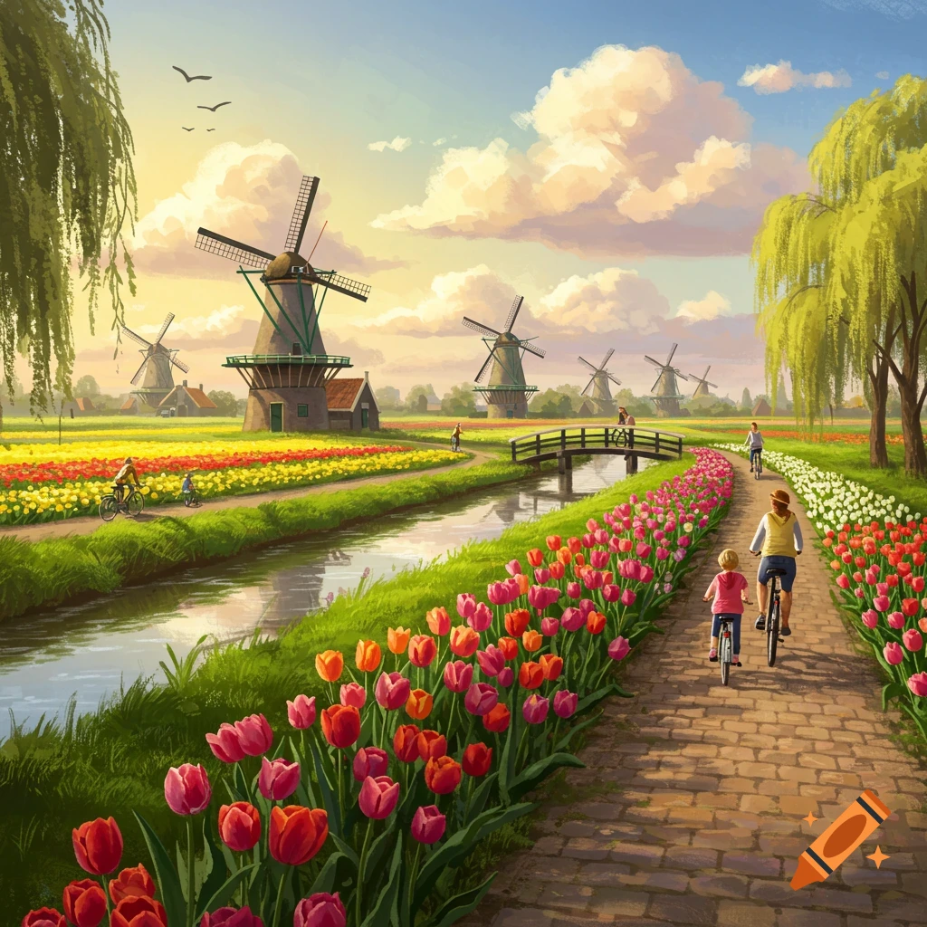 Vibrant illustration of a Dutch landscape with windmills, colorful tulip fields, a canal, and people cycling on a sunny day.