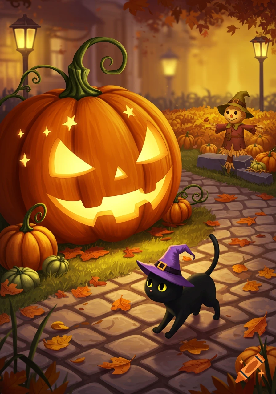A cute black cat in a witch hat walks on a cobblestone path next to a glowing jack-o'-lantern, pumpkins, and a scarecrow in an autumn setting.