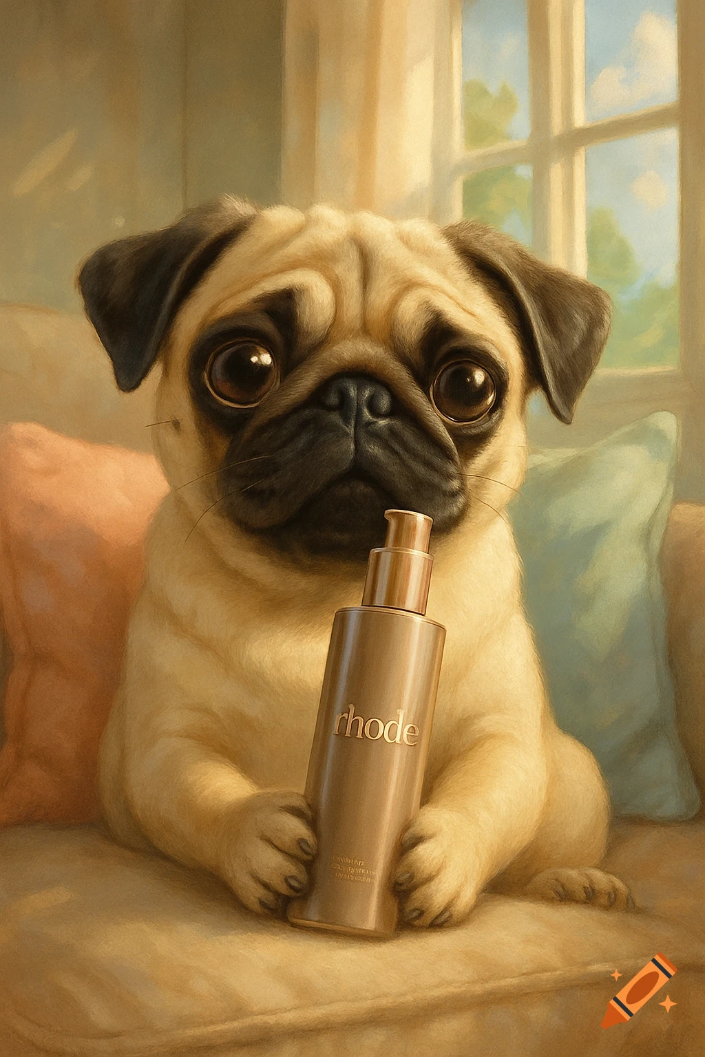A cute pug dog with big eyes sits on a couch, holding a bronze 'rhode' skincare bottle. Painterly style.