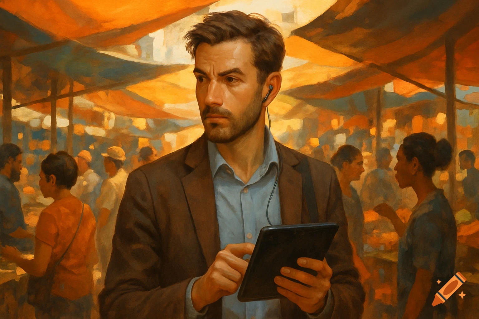 A man with an earbud looks intently while holding a tablet in a busy, painterly market scene with warm lighting.