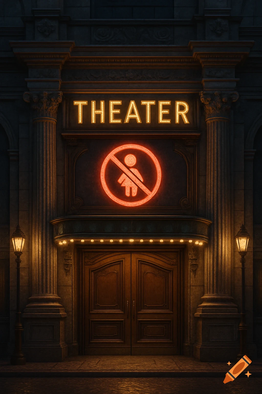 A dramatic night shot of a theater entrance with a glowing 'THEATER' sign and a neon 'no minors' symbol.