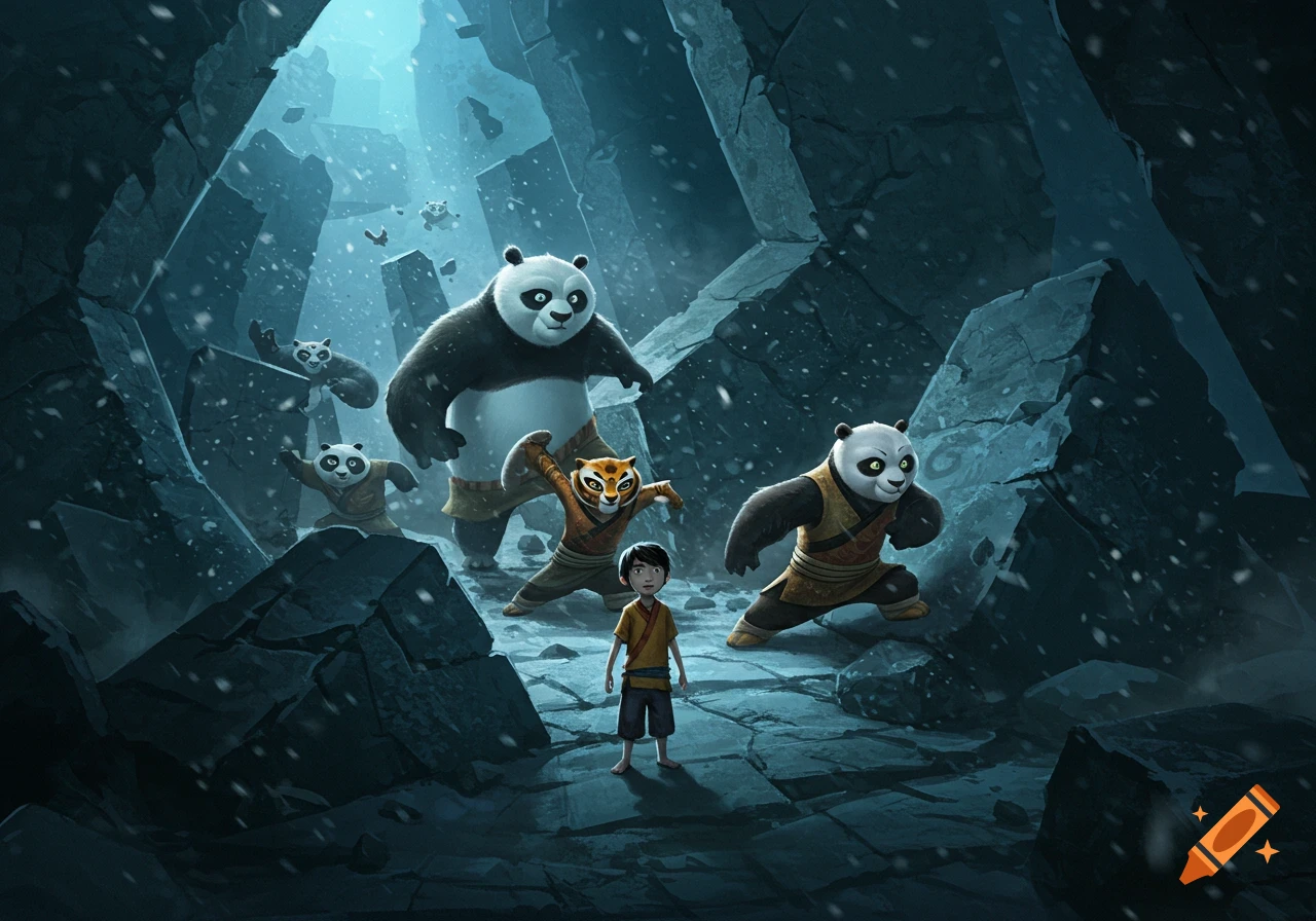 A young boy stands in a snowy, rocky labyrinth, facing several Kung Fu Panda characters.