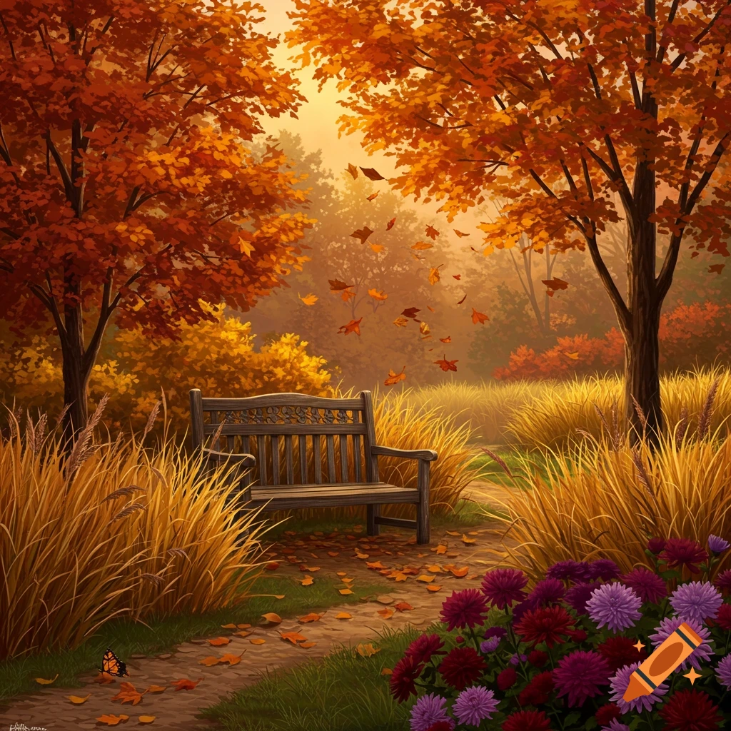 A tranquil autumn park path with a wooden bench, vibrant fall trees, golden grasses, and purple and red chrysanthemums.