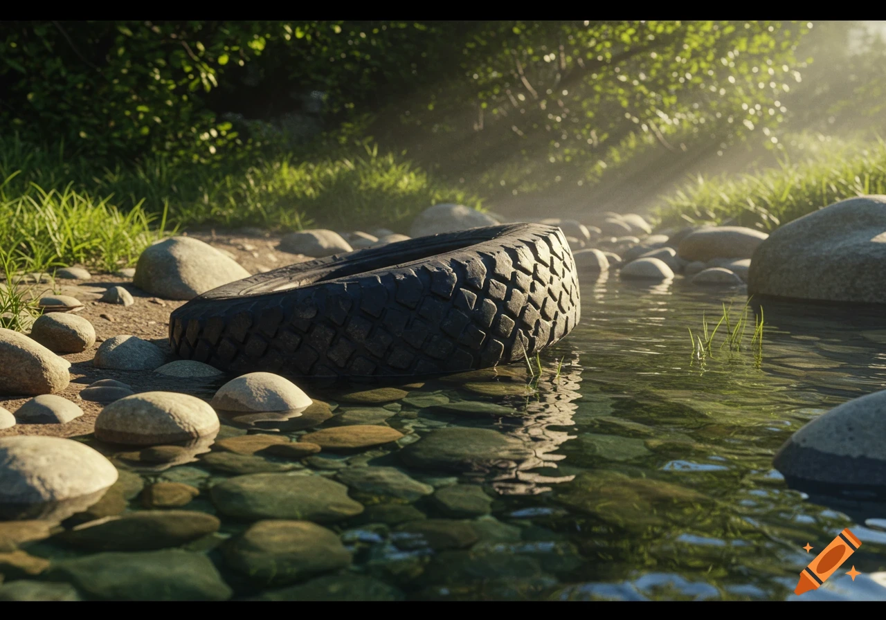 A photorealistic image of an old tire partially submerged in a clear, rocky stream, with sunlit trees and grass in the background.