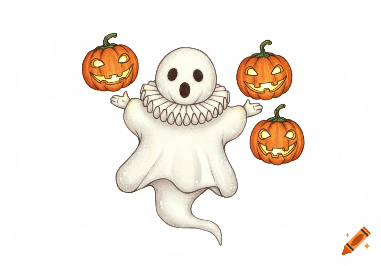 A cute, vintage-style ghost with a ruffled collar and open mouth, surrounded by three smiling jack-o-lanterns on a white background.