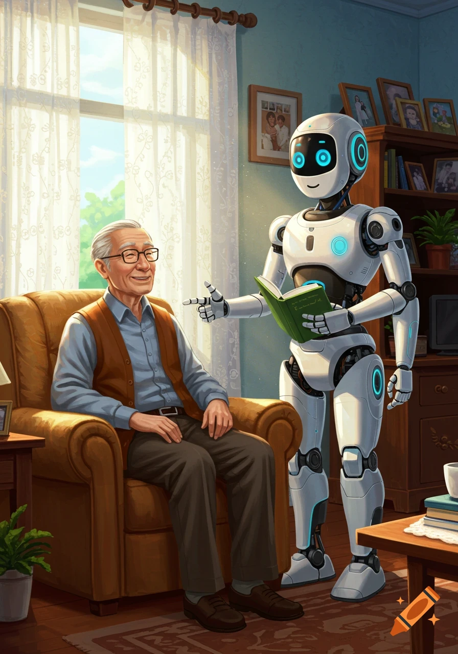 An elderly man smiles in an armchair as a white robot holds a book and points in a cozy living room, digital art.