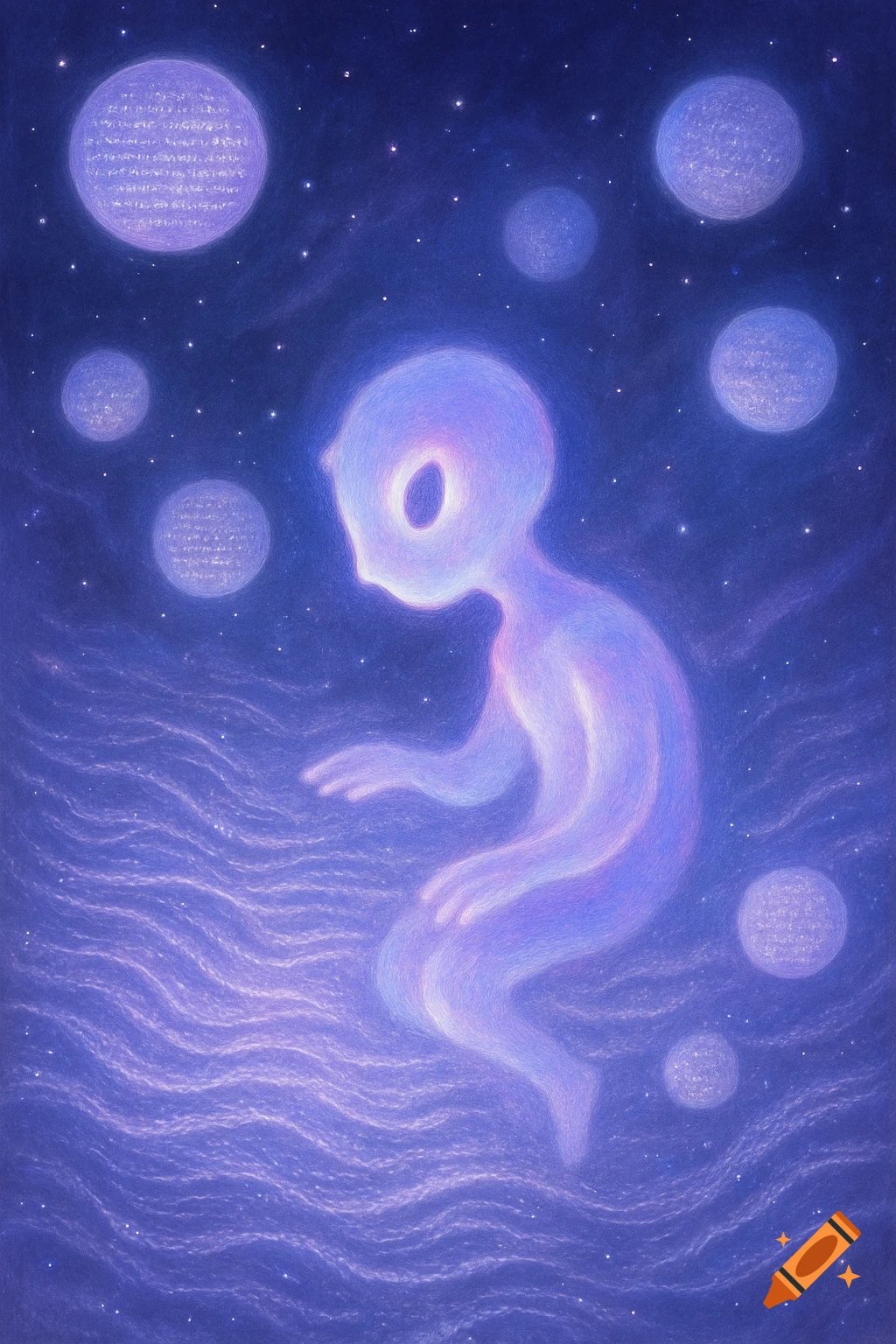 Luminous purple humanoid figure with an elongated eye floats amidst waves of light and glowing orbs in a cosmic void.