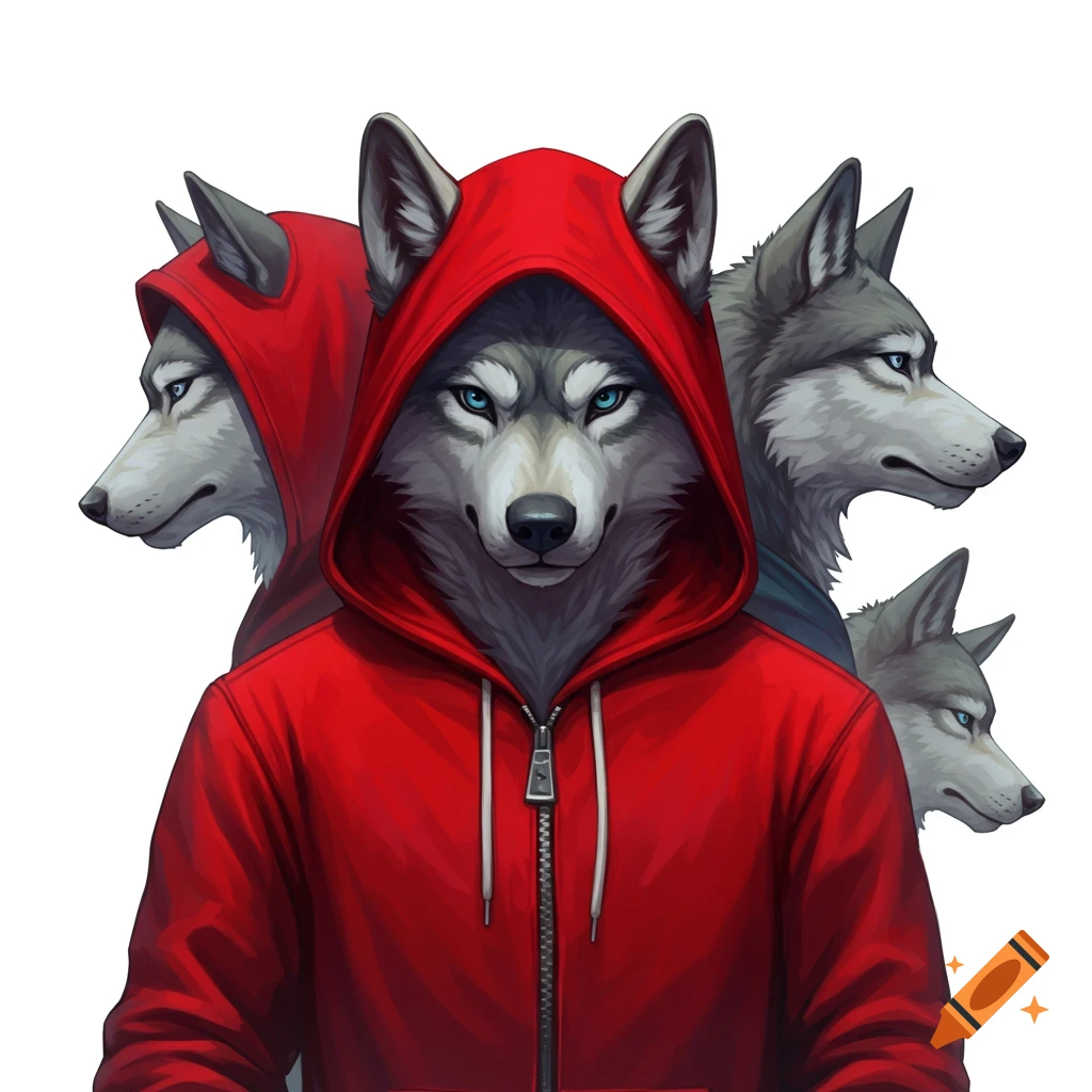 A stylized illustration of a grey wolf in a red hoodie with blue eyes, flanked by other wolves in hoodies, on a white background.