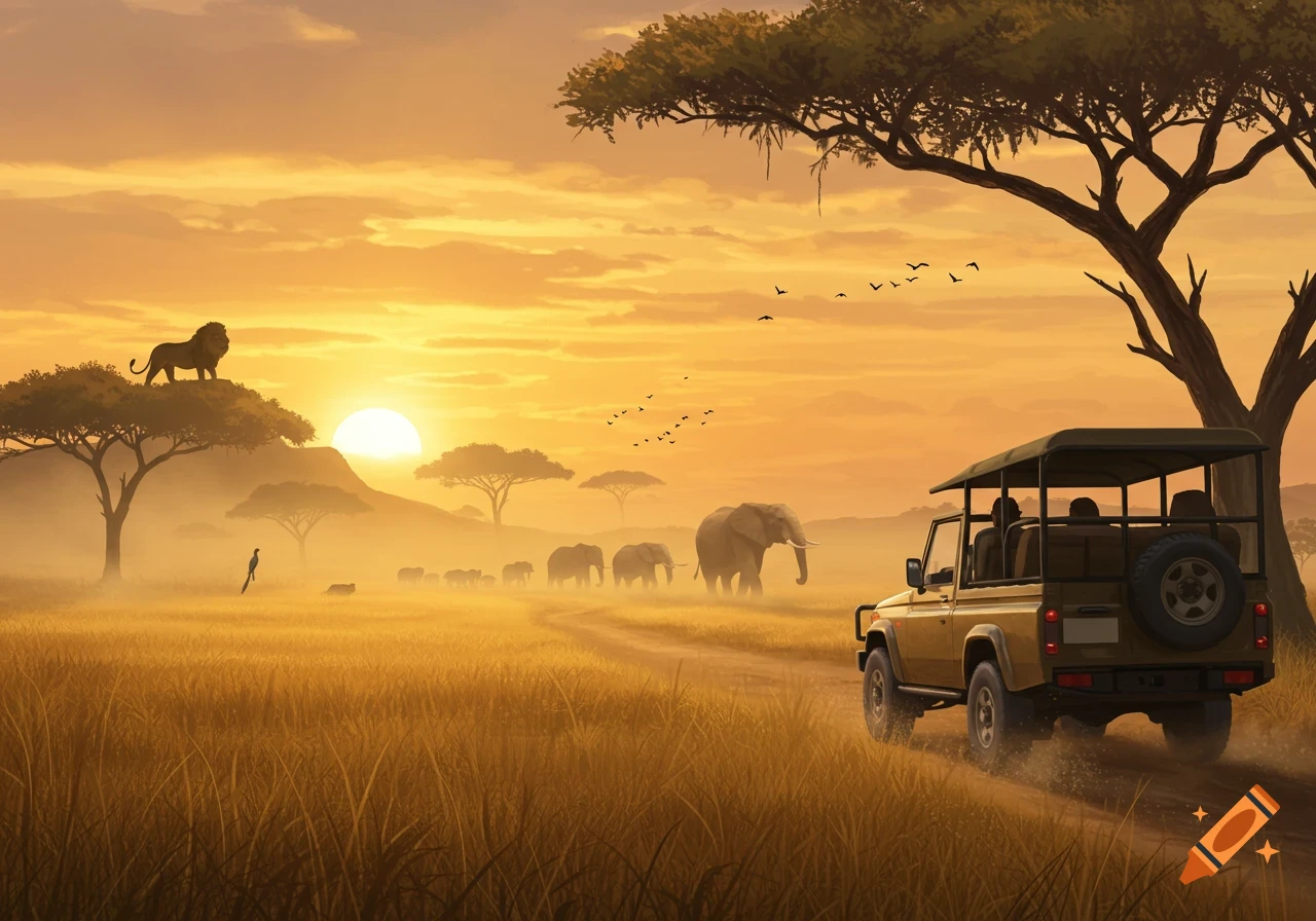 A safari jeep drives through a golden savanna at sunset, with a lion on a hill and elephants in the distance.
