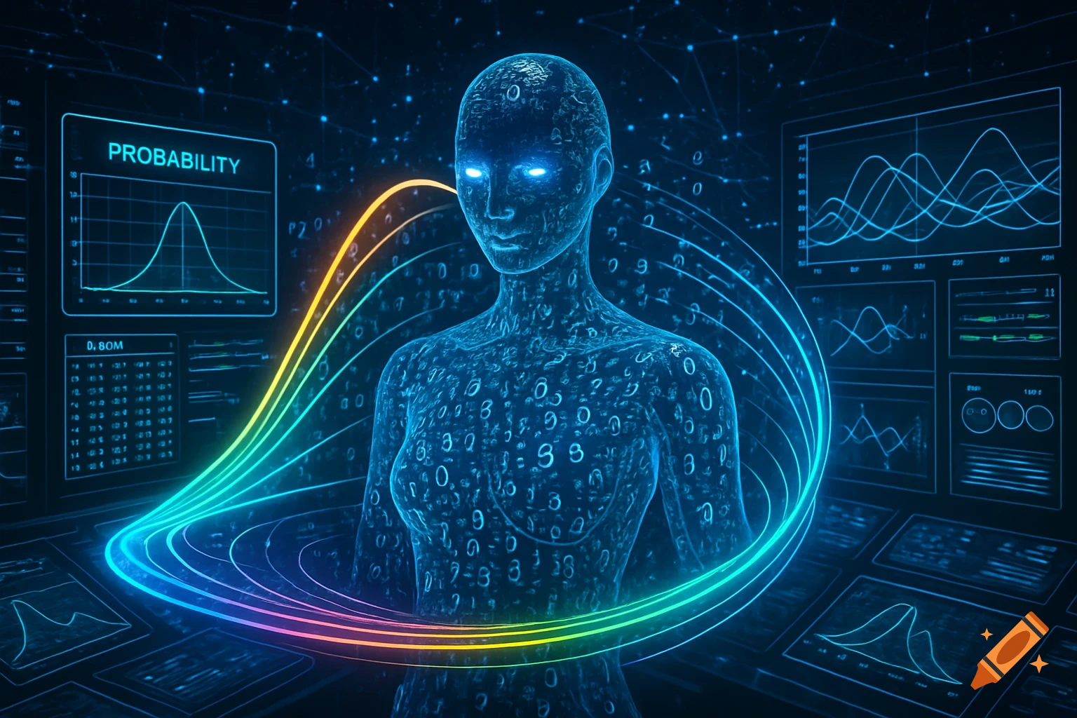 Digital human figure made of glowing blue numbers, bright eyes, colorful data streams, and screens displaying graphs and 'PROBABILITY' text.