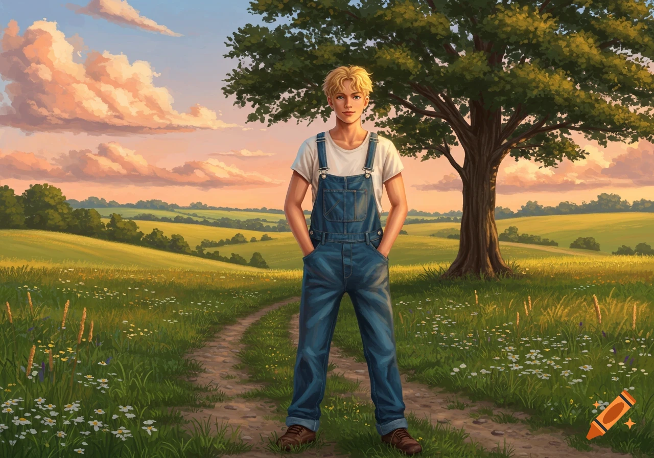 A blonde young man in denim overalls stands on a dirt path in a sunny green field with a large tree and rolling hills in the background, in an illustrative style.