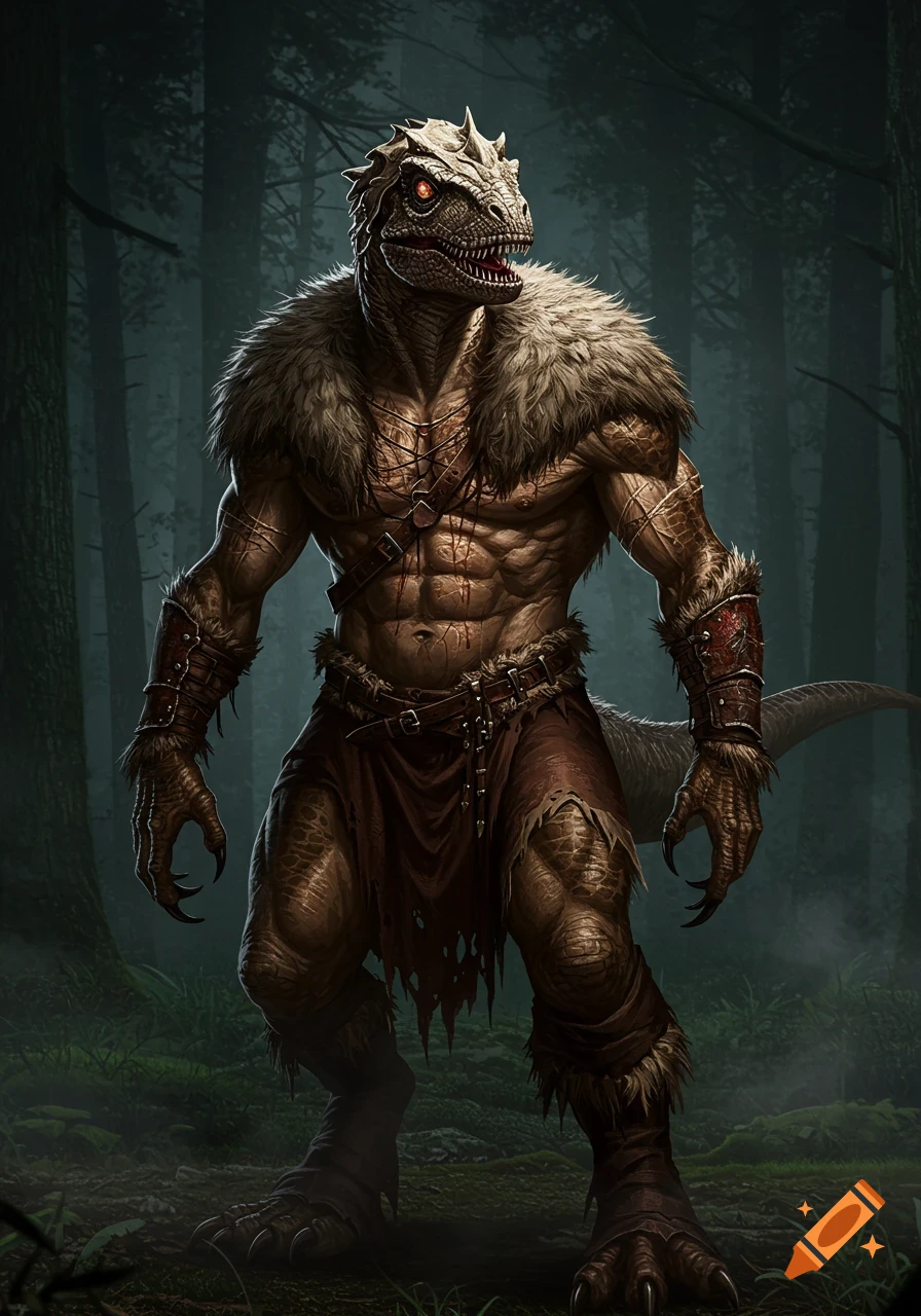 Muscular velociraptor humanoid with glowing red eyes, clad in barbaric furs, stands in a dark, misty forest. Fantasy art.