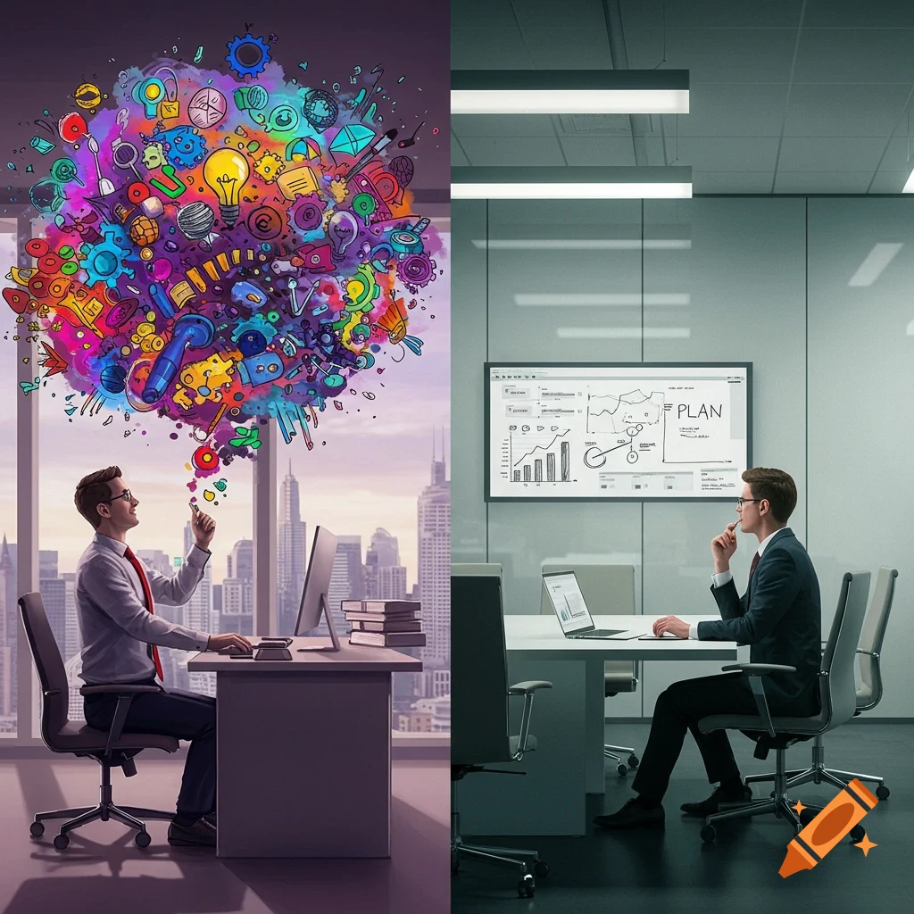 A two-panel image shows a man thinking creatively with a colorful ideas cloud, and another man analyzing a screen with a 'PLAN' chart.