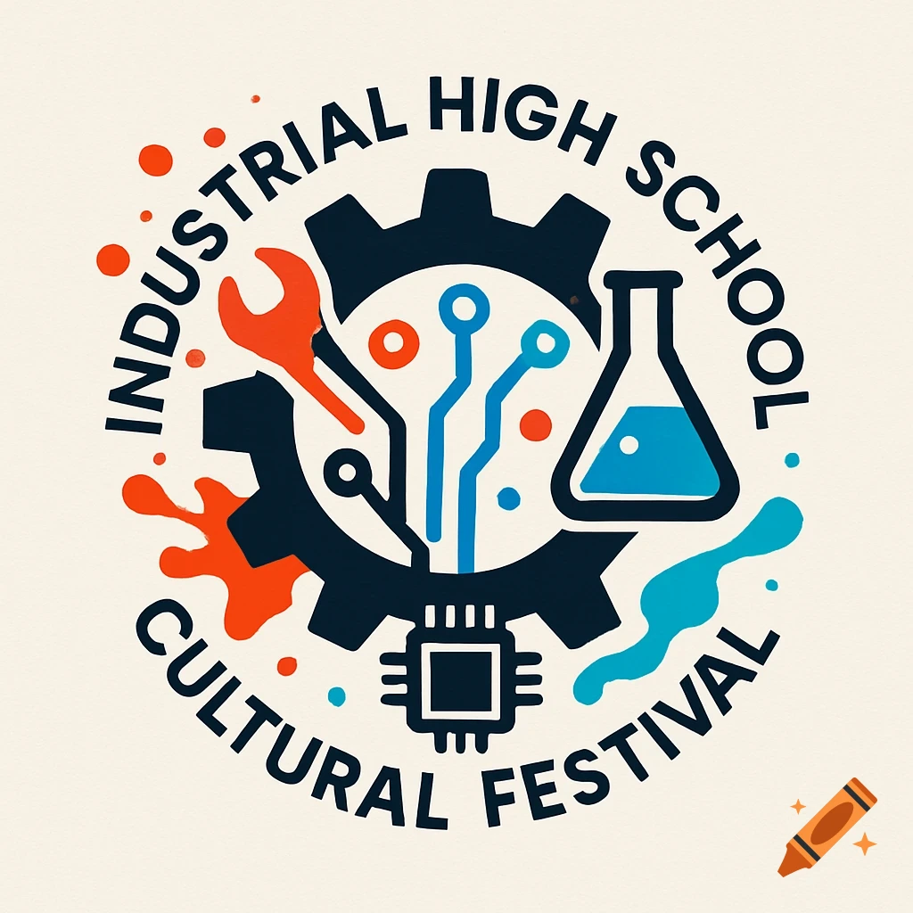 Logo for Industrial High School Cultural Festival with text circling a gear, wrench, circuit, and beaker.