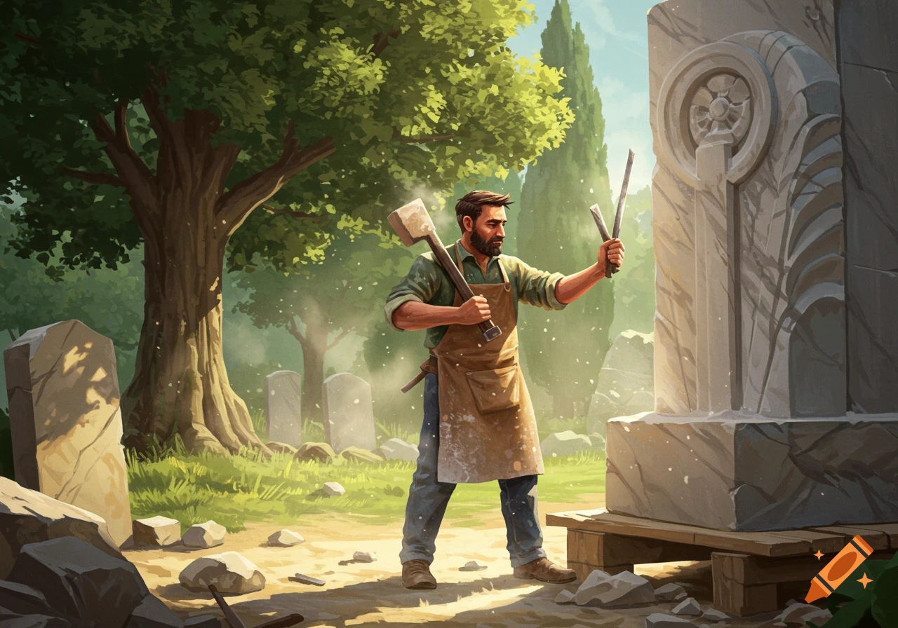 A bearded mason in an apron uses a mallet and chisel to carve a stone pillar outdoors, with a large tree and gravestones in the background.