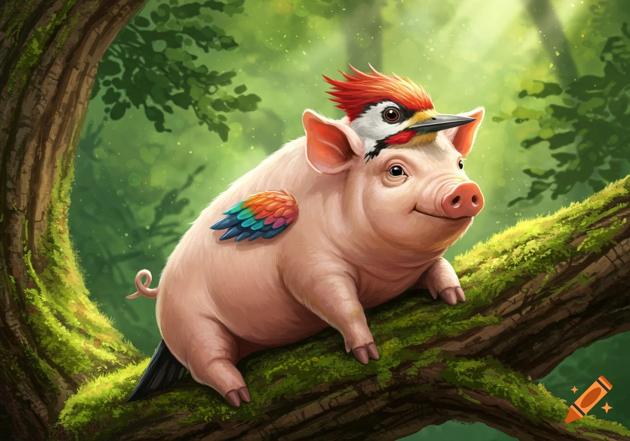 A cute, whimsical pig with a red-crested woodpecker's head and rainbow wings sits on a mossy tree branch in a lush forest.