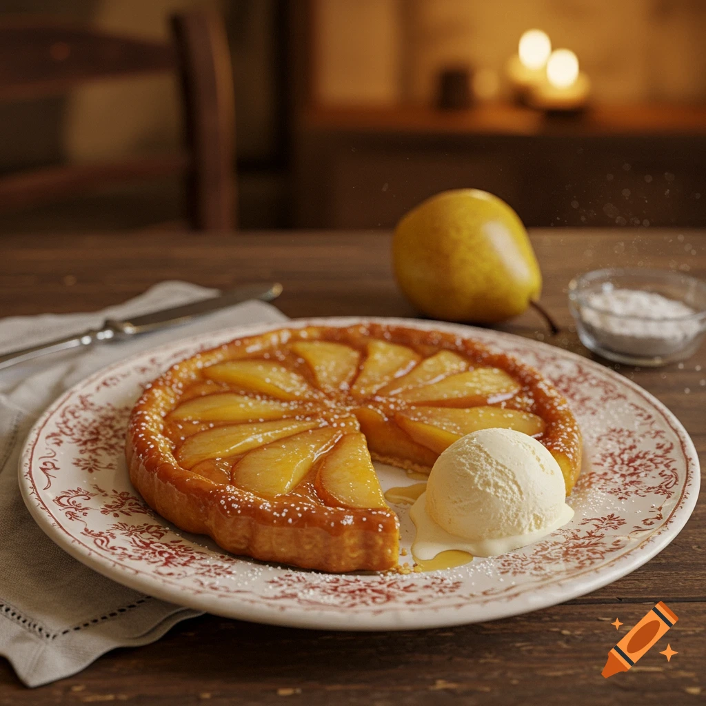 Photorealistic pear Tatin tart with melting vanilla ice cream, powdered sugar, and a whole pear on a wooden table.