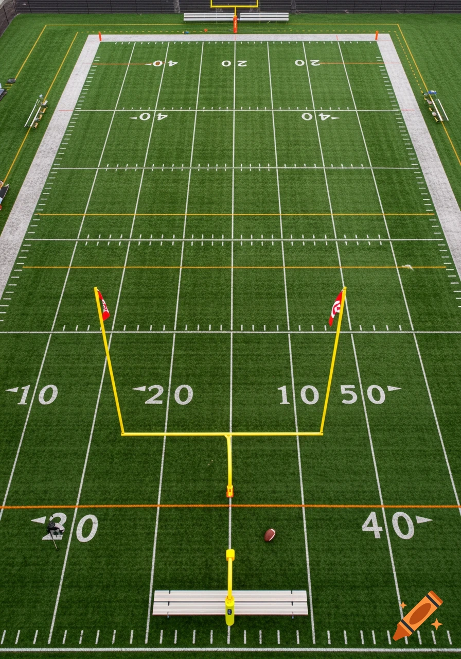 Aerial view of an American football field with goalposts, yard lines, and a football on the turf.