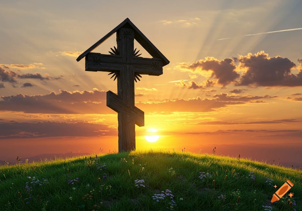 A photorealistic image of a wooden Orthodox cross on a grassy hill, silhouetted against a vibrant orange and yellow sunset sky.