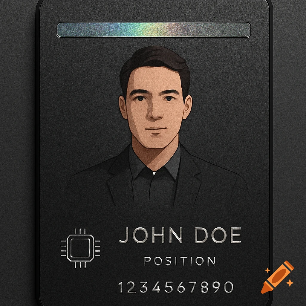 A stylized black ID card with a portrait of a man, a holographic strip, a chip icon, and embossed text.