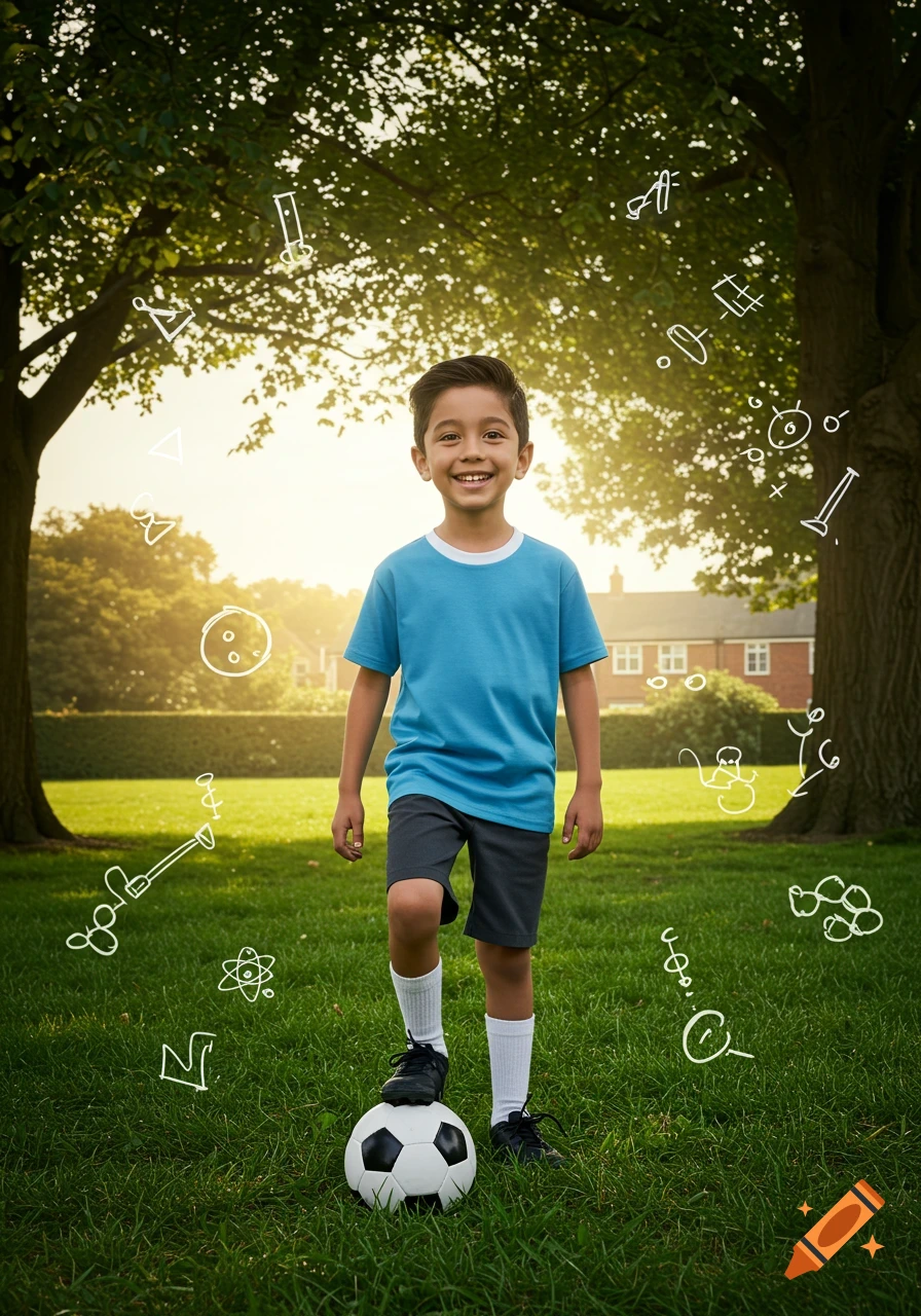A smiling young boy in a blue shirt with his foot on a soccer ball in a sunny park, surrounded by white science-themed doodles.
