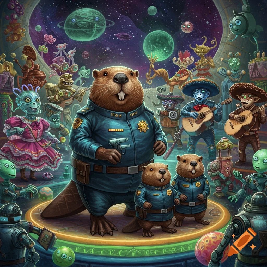 Anthropomorphic beaver police officers and their kits stand in a colorful space diorama surrounded by aliens, robots, and a mariachi band.