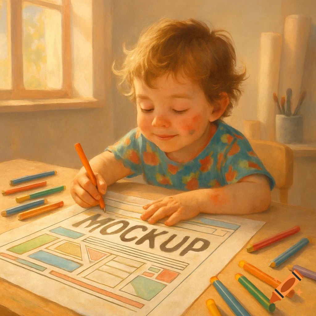 A soft, painterly image of a young child coloring a paper with the word 'MOCKUP' at a wooden table near a sunlit window.