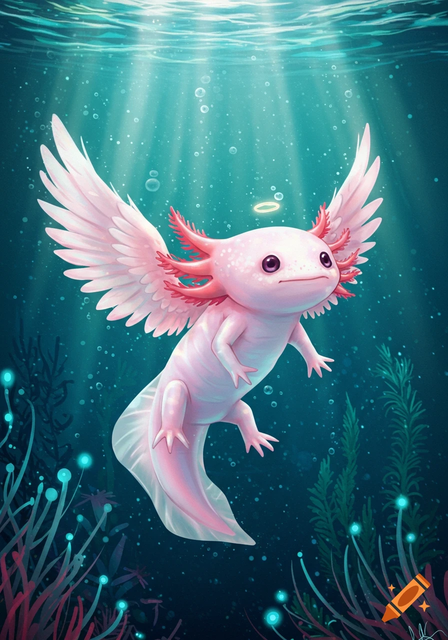 A cute pink axolotl with white angel wings and a golden halo floats in sunlit blue water with glowing plants.