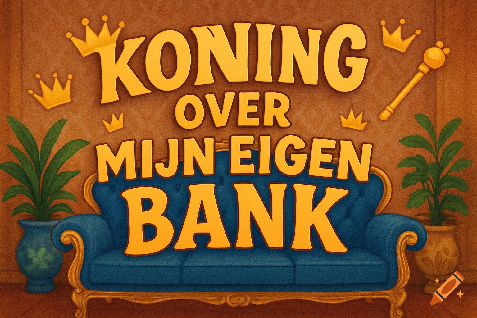 Stylized illustration of a blue royal sofa with golden crowns and a scepter. Large text reads 'KONING OVER MIJN EIGEN BANK'.