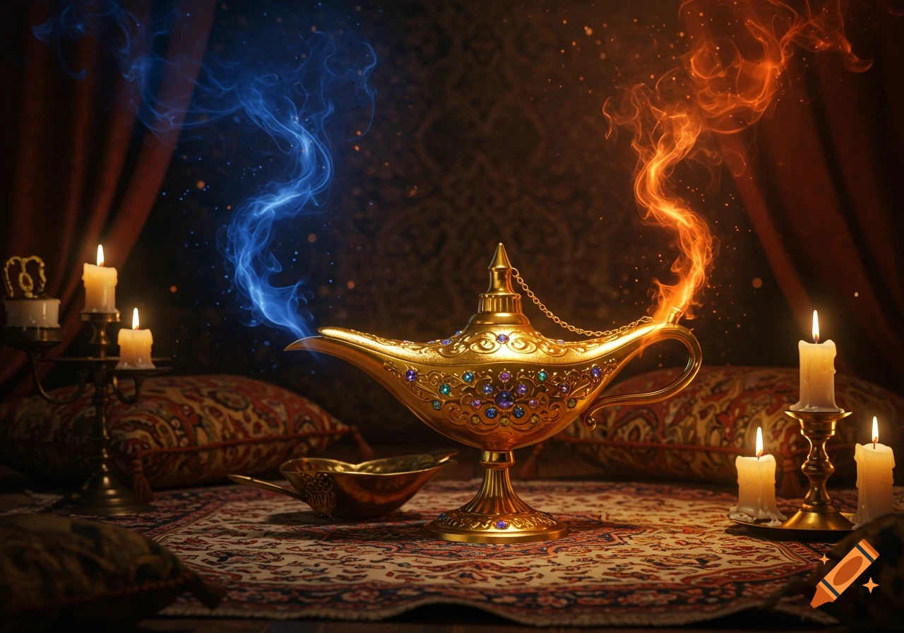 A golden magic lamp with blue and orange smoke billowing from its spouts, surrounded by lit candles and patterned textiles.