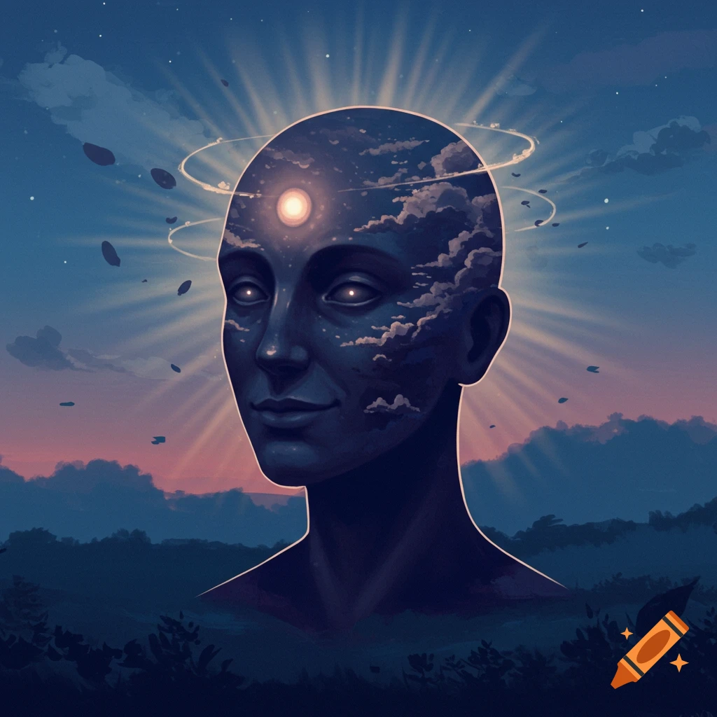 Surreal portrait of a bald head with a cloudy sky inside, surrounded by light rays and cosmic debris against an evening landscape.
