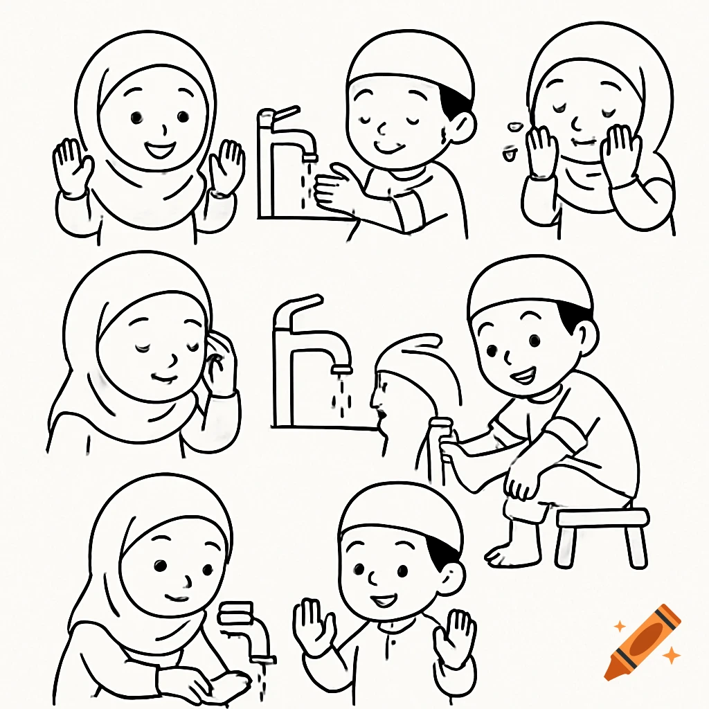 Black and white line art of Muslim children performing Wudu (ablution) step by step.