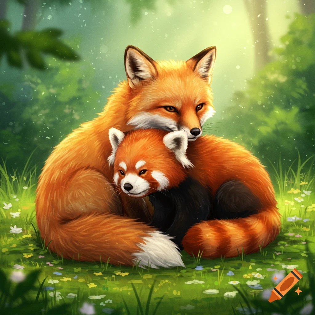 A drawing of an orange fox and a red panda cuddling together in a lush green forest with small flowers.