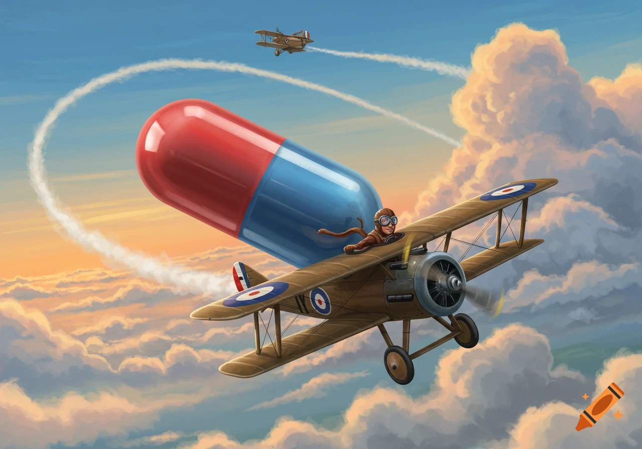 A cartoon pilot flies a biplane through a cloudy sky, carrying a giant red and blue pill. Digital illustration.
