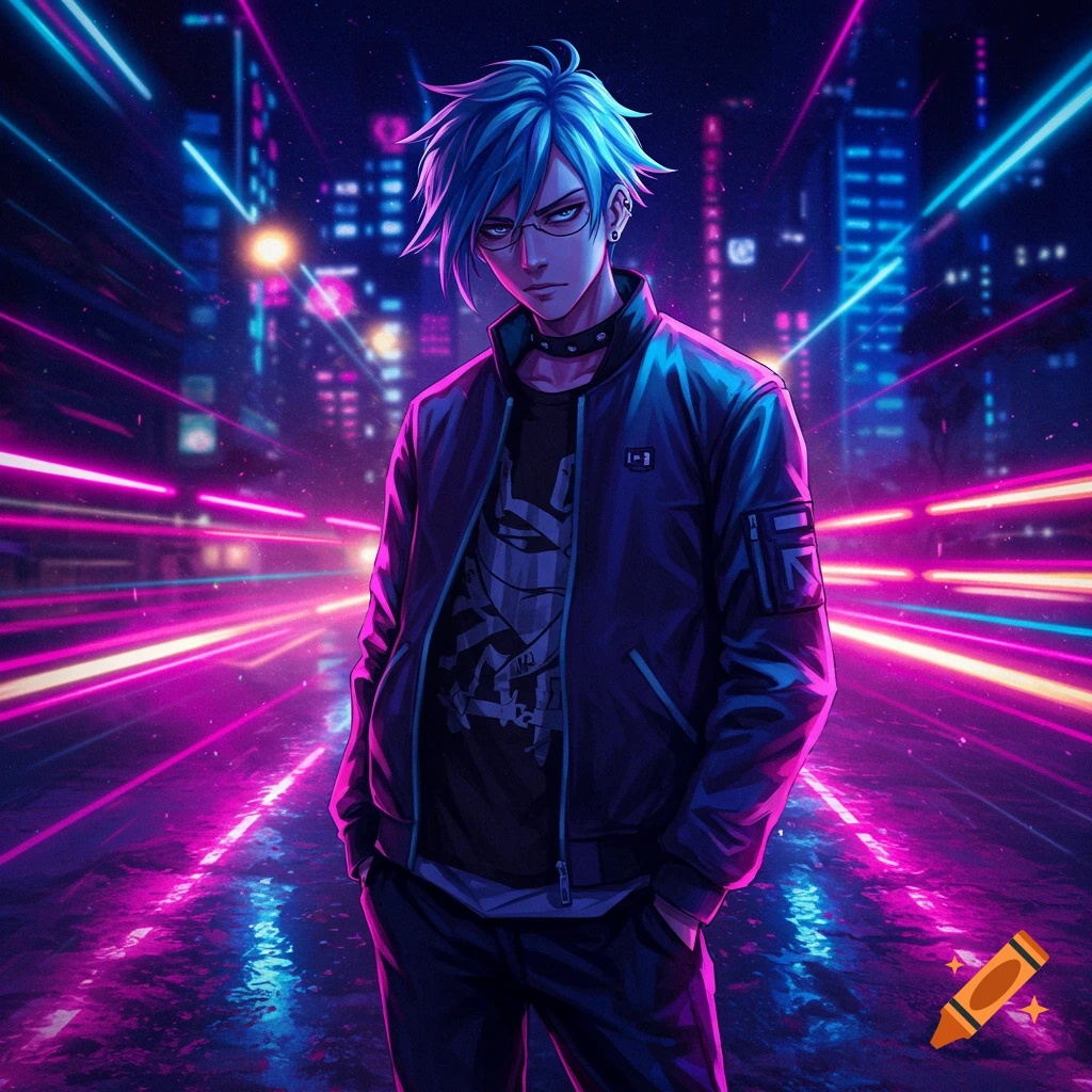 Anime guy with blue spiky hair and glasses, wearing a dark jacket, stands on a neon-lit cyberpunk city street at night.