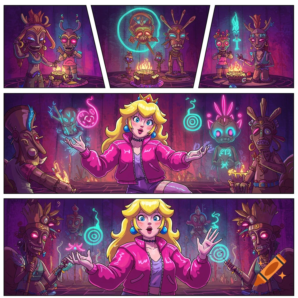 A vibrant five-panel comic of Princess Peach in an 80s pink jacket and pantyhose, surrounded by voodoo-like figures and glowing symbols during a ritual.