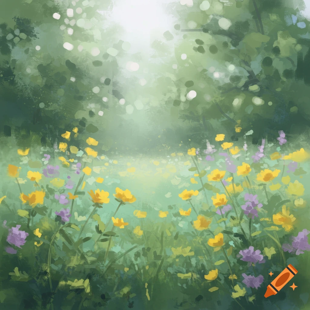 A painterly depiction of a sun-drenched field of yellow and purple wildflowers with a blurry green forest background.