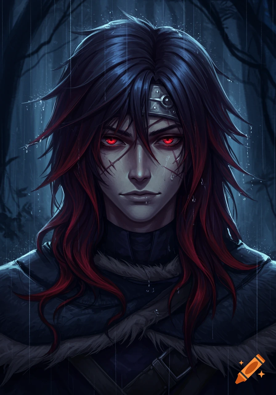 A stylized man with long dark blue and red hair, glowing red eyes, pale skin, facial scars, and a headband stands in the rain in a dark forest.