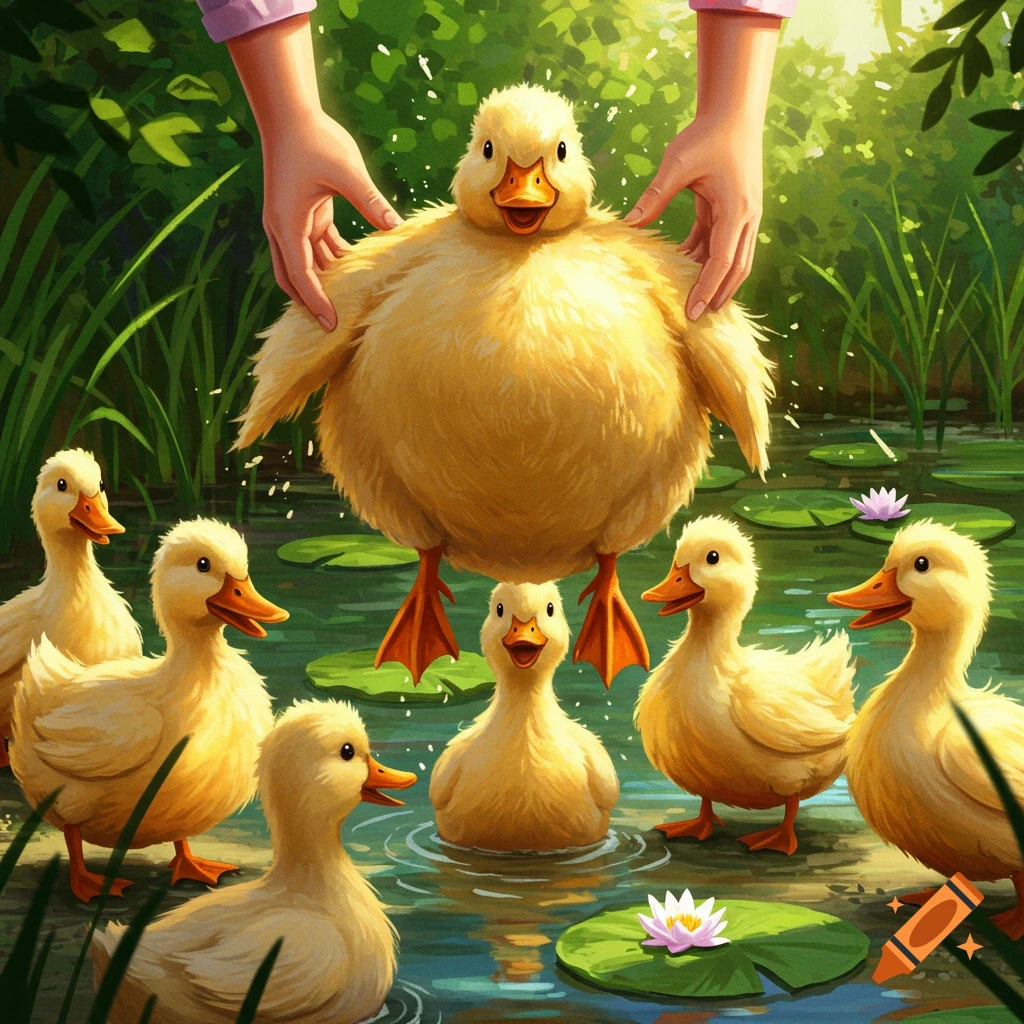 A close-up illustration of a person's hands holding up a large, fluffy yellow duckling in a pond, surrounded by smaller ducklings and lily pads in a lush green environment.