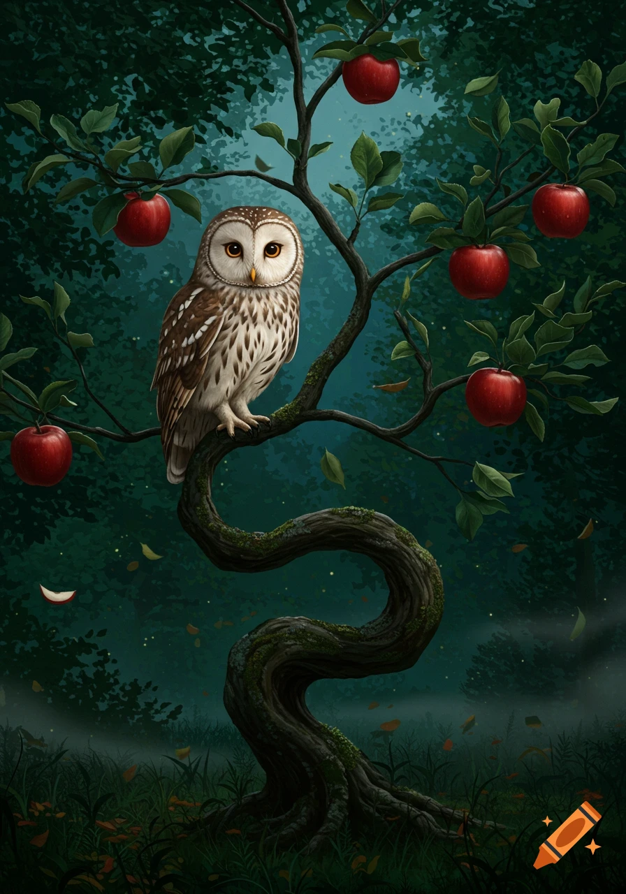 A brown and white owl with large orange eyes perches on a gnarled tree branch with red apples in a dark, mystical forest.