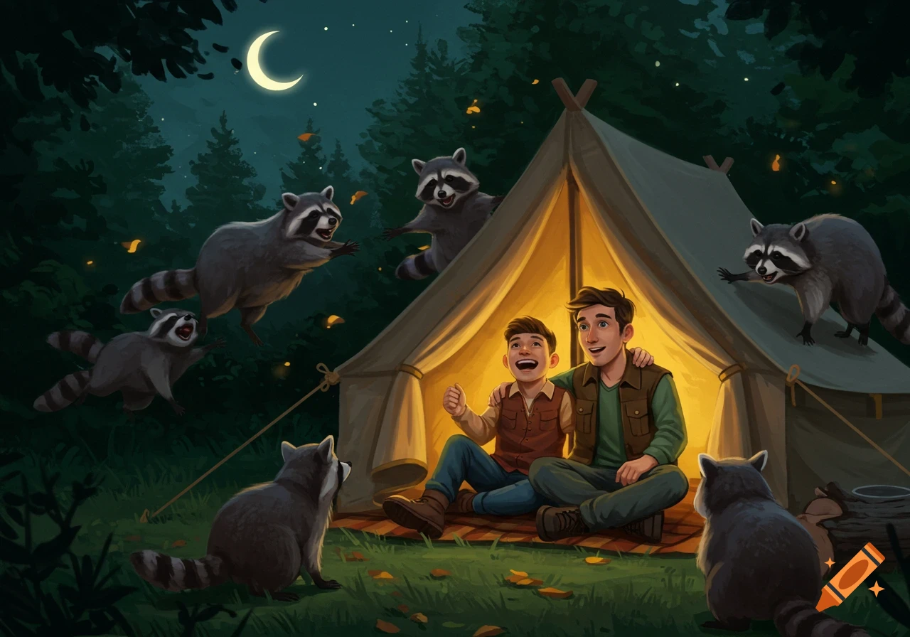 Two men sit inside a lit tent in a dark forest, surrounded by several raccoons, under a crescent moon. Digital illustration.