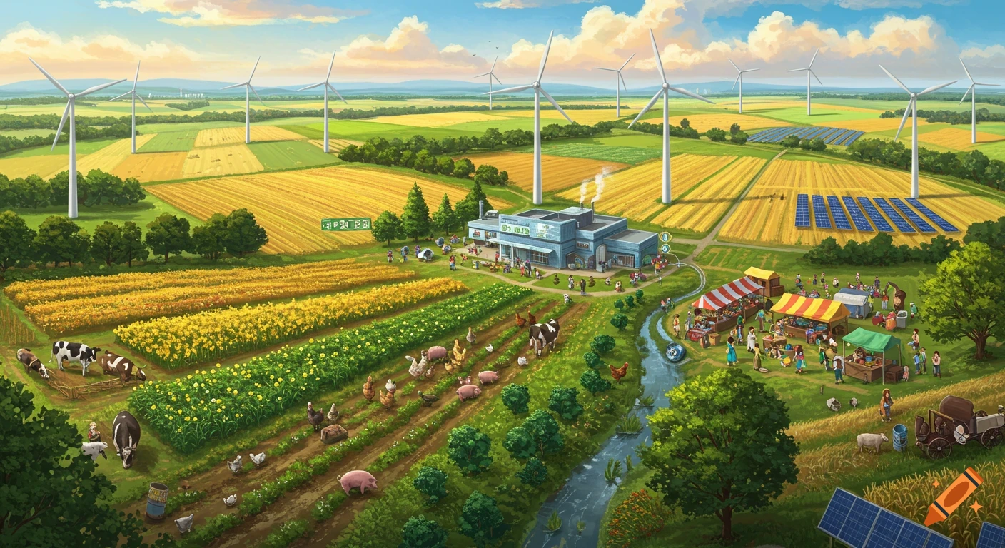 An aerial illustration of a vibrant farm with diverse crops, animals, wind turbines, solar panels, a river, and a community market.