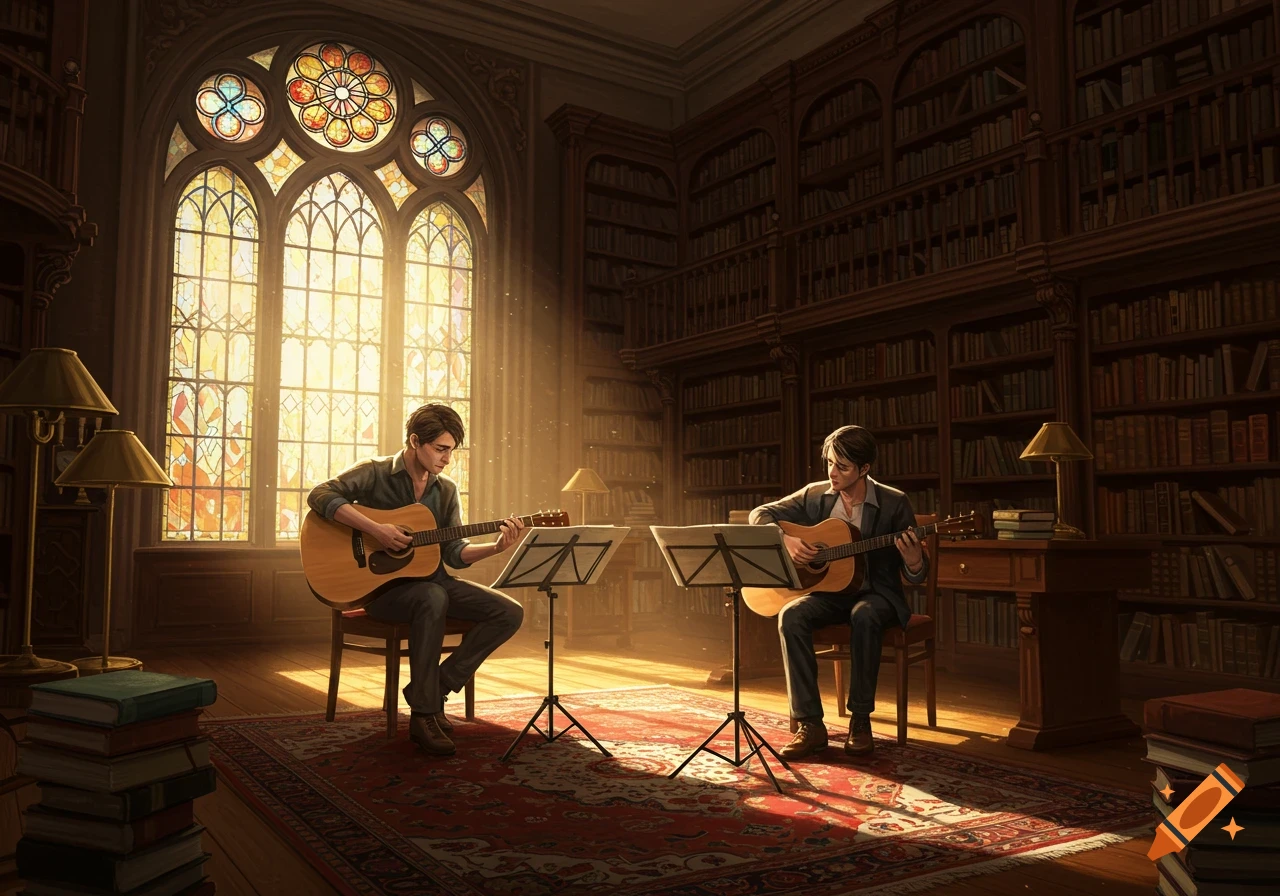 Two men play acoustic guitars in a grand library bathed in golden light from a large stained-glass window, illustration style.