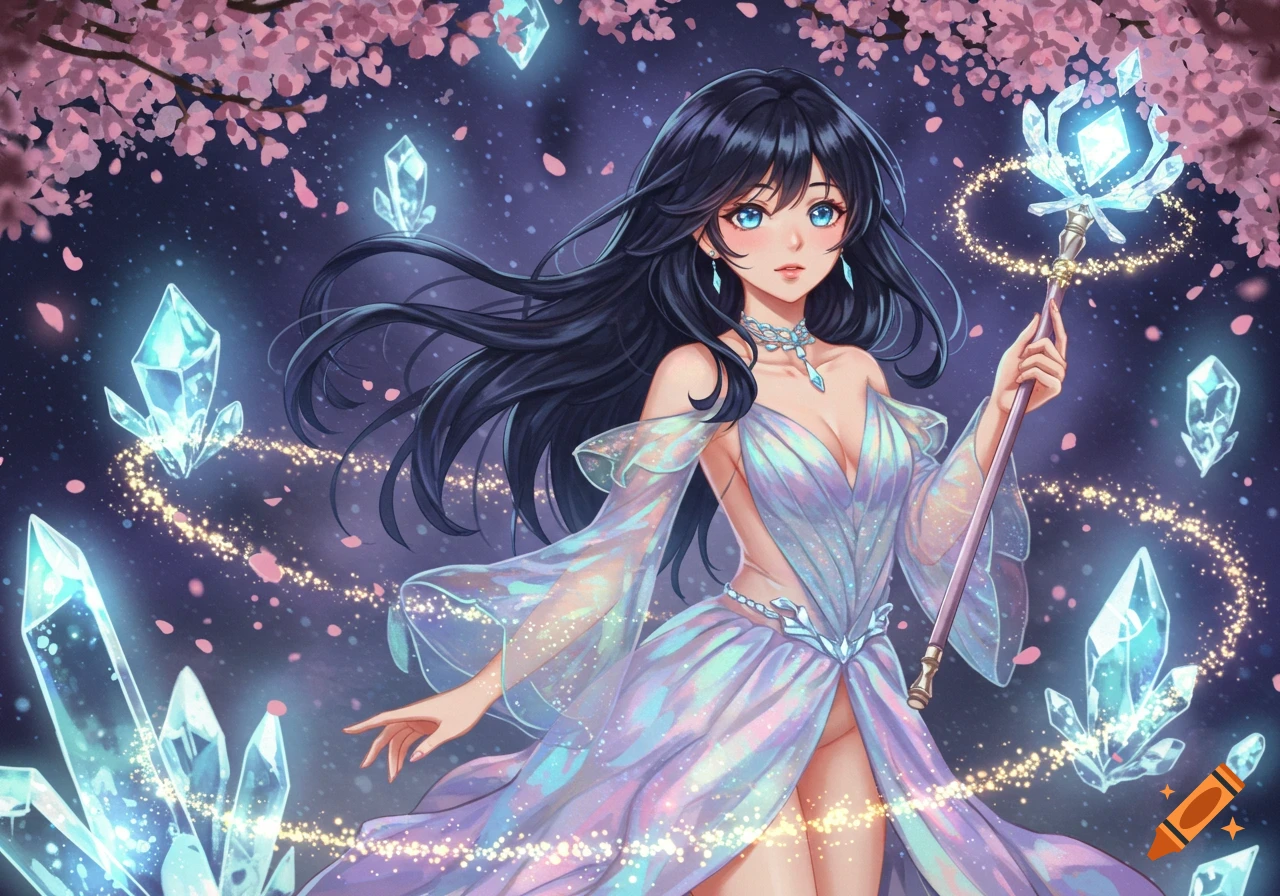 An anime girl in a shimmering dress holds a glowing crystal wand, surrounded by floating crystals and pink cherry blossoms in a magical scene.