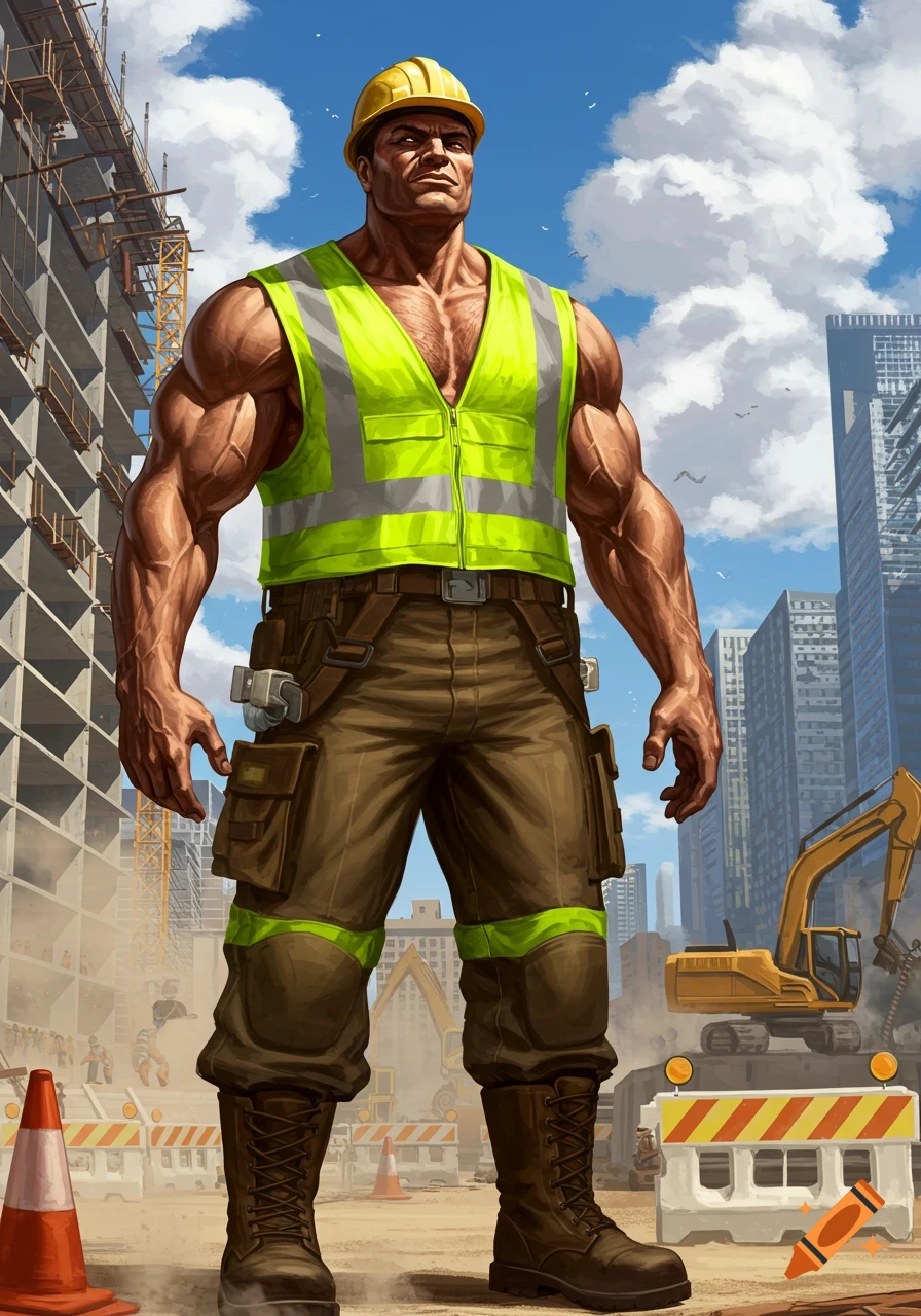 A muscular construction worker in a yellow hard hat and safety vest stands confidently at a busy construction site.